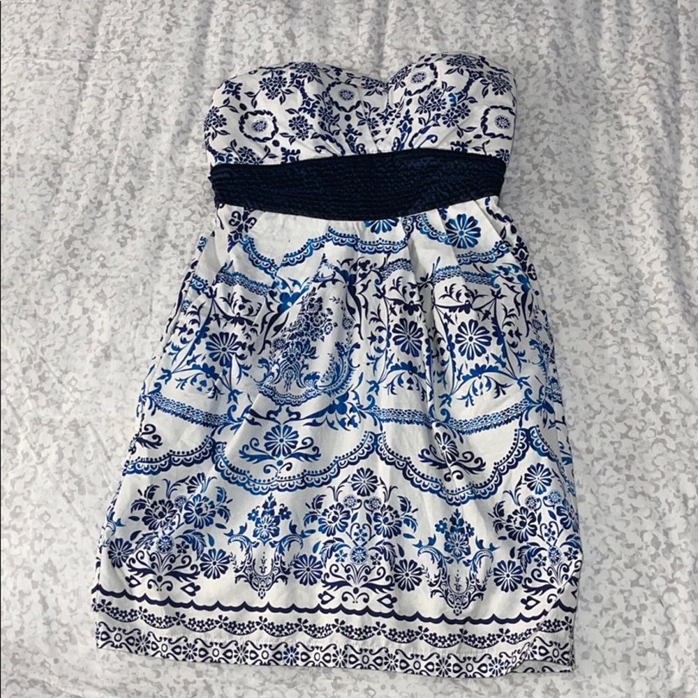 Floral blue and white dress with tie